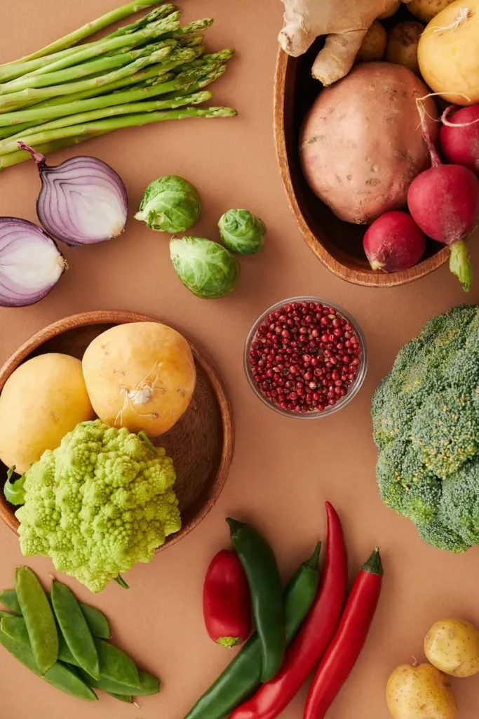 Fresh vegetables on a brown surface