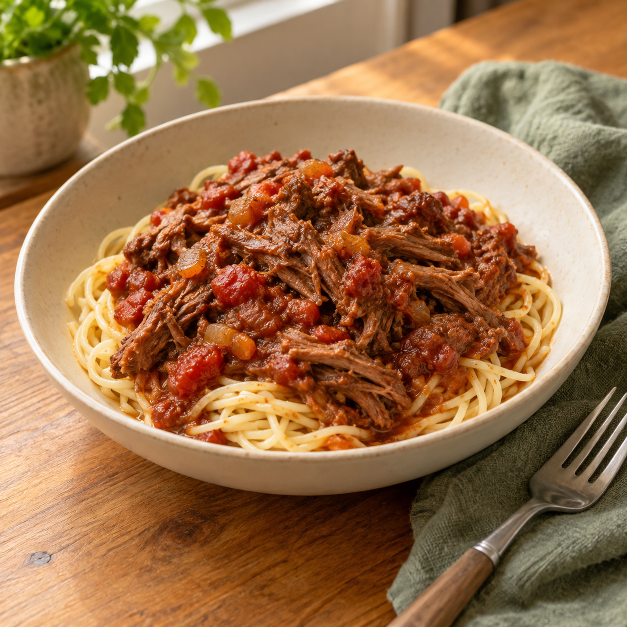 A bowl of slow-cooked shredded lamb ragu served over spaghetti.