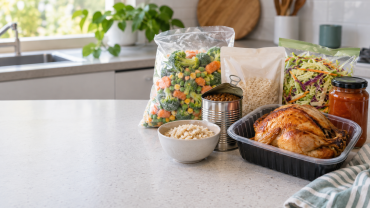 Convenience ingredients on a kitchen bench, including frozen vegetables, microwave rice, lentils, bagged slaw, roast chicken and ready-made sauce.