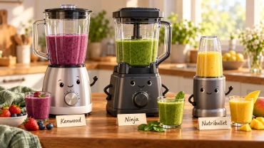 Three blenders with friendly cartoon faces on a sunny kitchen bench, labelled Kenwood, Ninja and NutriBullet, each beside a berry, green or mango smoothie.