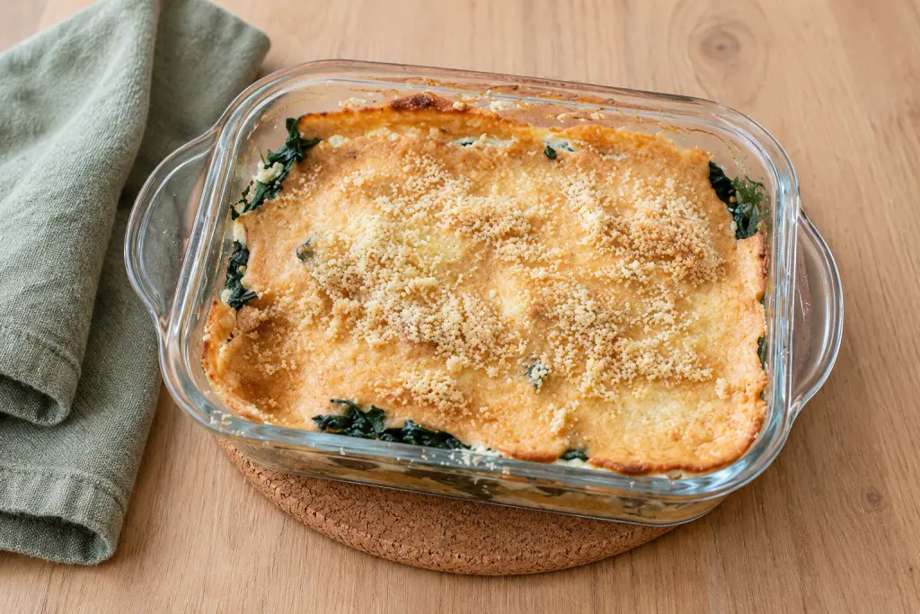 A golden ricotta bake with spinach showing at the edges, in a glass dish on a cork mat beside a green tea towel.