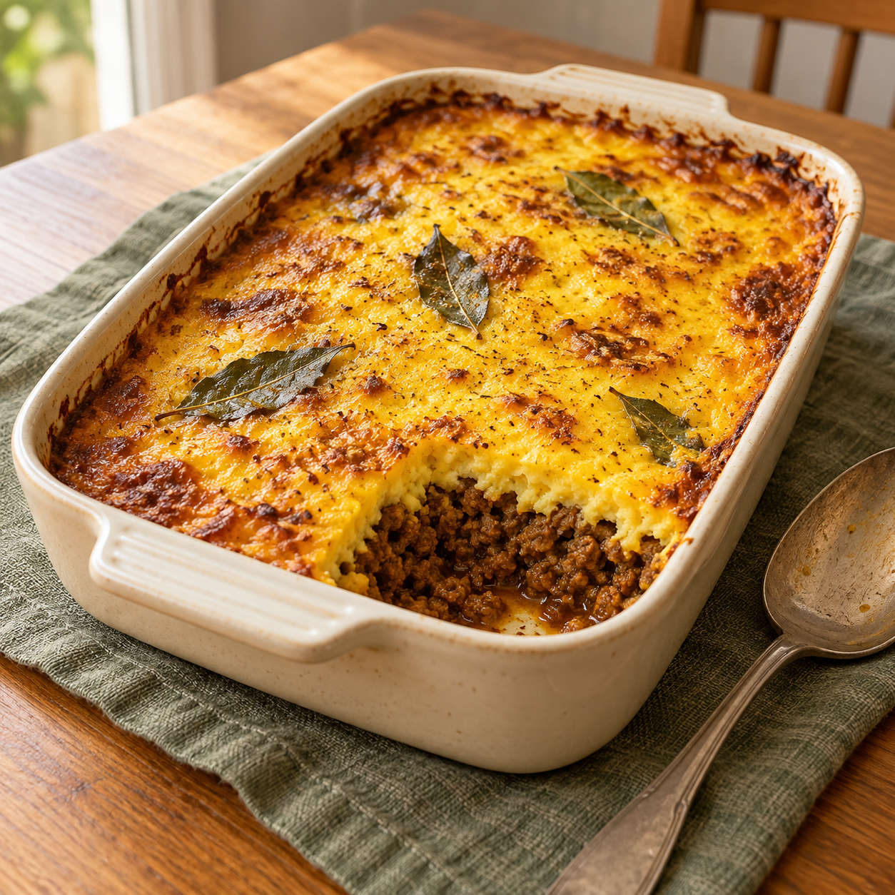 Homestyle bobotie with a golden baked egg custard topping.
