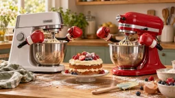 A white Kenwood stand mixer and a red KitchenAid stand mixer wearing boxing gloves, facing off on a kitchen bench with a berry-topped sponge cake between them.