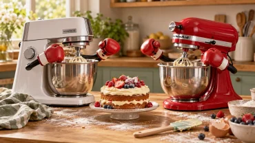 A white Kenwood stand mixer and a red KitchenAid stand mixer wearing boxing gloves, facing off on a kitchen bench with a berry-topped sponge cake between them.