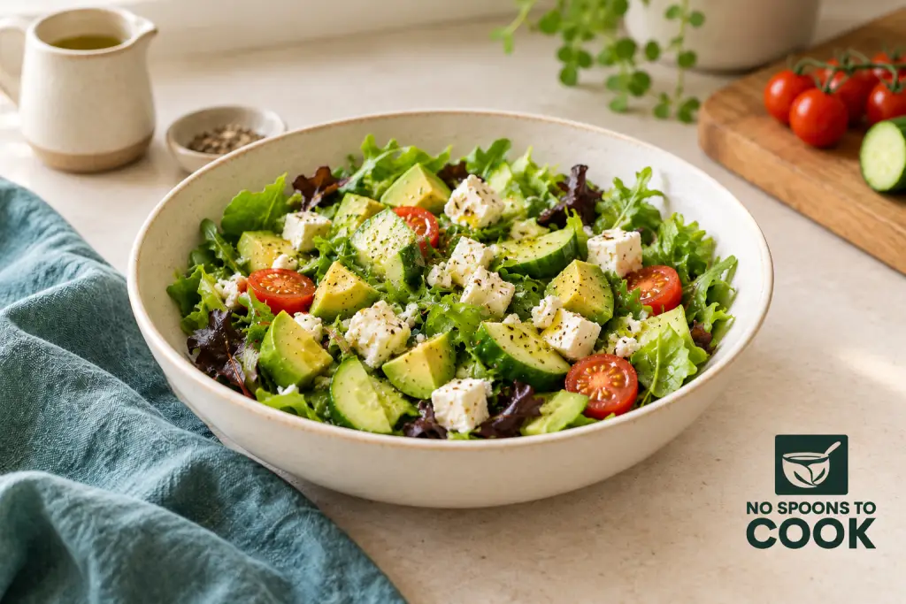 Mixed leaf salad with avocado, feta, cucumber and cherry tomatoes.