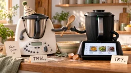 Illustration of a white Thermomix TM31 in a "Happy Retirement!" party hat handing a wooden spoon to a black Thermomix TM7 on a kitchen bench.