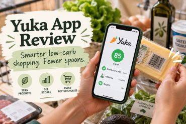 Person using the Yuka app to scan a cheese barcode while shopping for low-carb groceries in an Australian supermarket. The image features the text “Yuka App Review – Smarter low-carb shopping. Fewer spoons.”