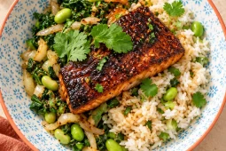 A glazed salmon fillet on rice and stir-fried greens with edamame, onion and coriander, in a blue and white patterned bowl with an orange rim.