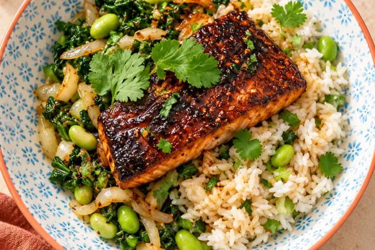 A glazed salmon fillet on rice and stir-fried greens with edamame, onion and coriander, in a blue and white patterned bowl with an orange rim.