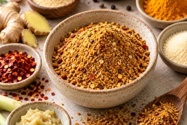 A speckled ceramic bowl heaped with an orange-gold spice blend, surrounded by small bowls of chilli flakes, turmeric, garlic powder and ginger paste, with fresh ginger, lemongrass and a wooden spoon of the blend.
