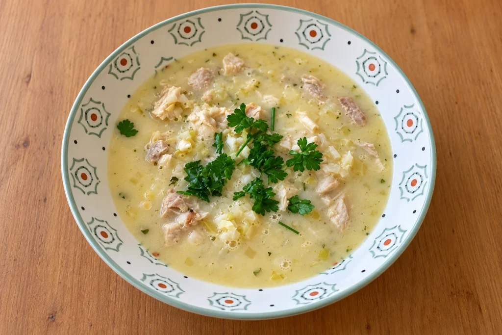 A shallow white bowl with a pale green rim and a red, green and black pattern, filled with creamy pale yellow soup, shredded chicken and a small bunch of parsley, on a wooden table.
