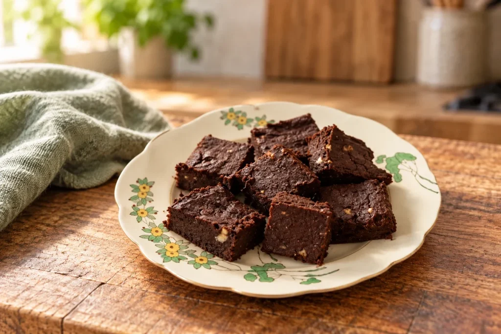 Chocolate brownies with white chocolate chips, cut into squares and stacked on a vintage floral plate on a warm wooden bench, with a sage-green cloth beside it.