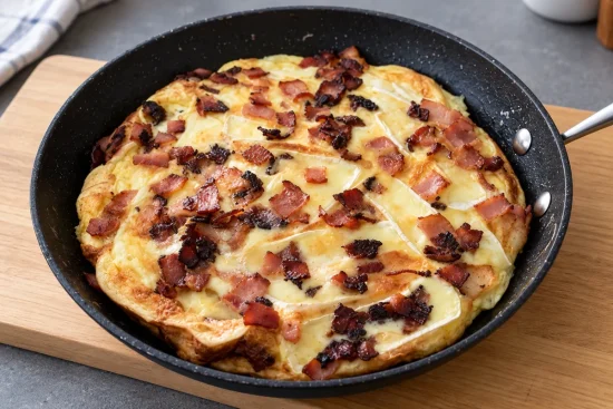 A golden bacon and brie frittata in a black frying pan on a wooden board, topped with crispy chopped bacon and thin slices of melted Brie.