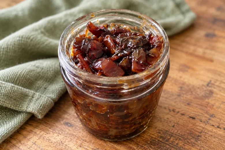 A small glass jar of dark, sticky bacon jam, with chunks of bacon and onion and flecks of dried herb, on a wooden bench beside a green cloth.
