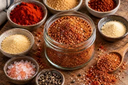 A glass jar of red-brown BBQ spice blend surrounded by small bowls of smoked paprika, golden sweetener, chilli powder, garlic powder, onion powder, pink salt and black pepper, with a wooden spoon of blend on a rustic board.