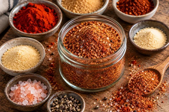 A glass jar of red-brown BBQ spice blend surrounded by small bowls of smoked paprika, golden sweetener, chilli powder, garlic powder, onion powder, pink salt and black pepper, with a wooden spoon of blend on a rustic board.