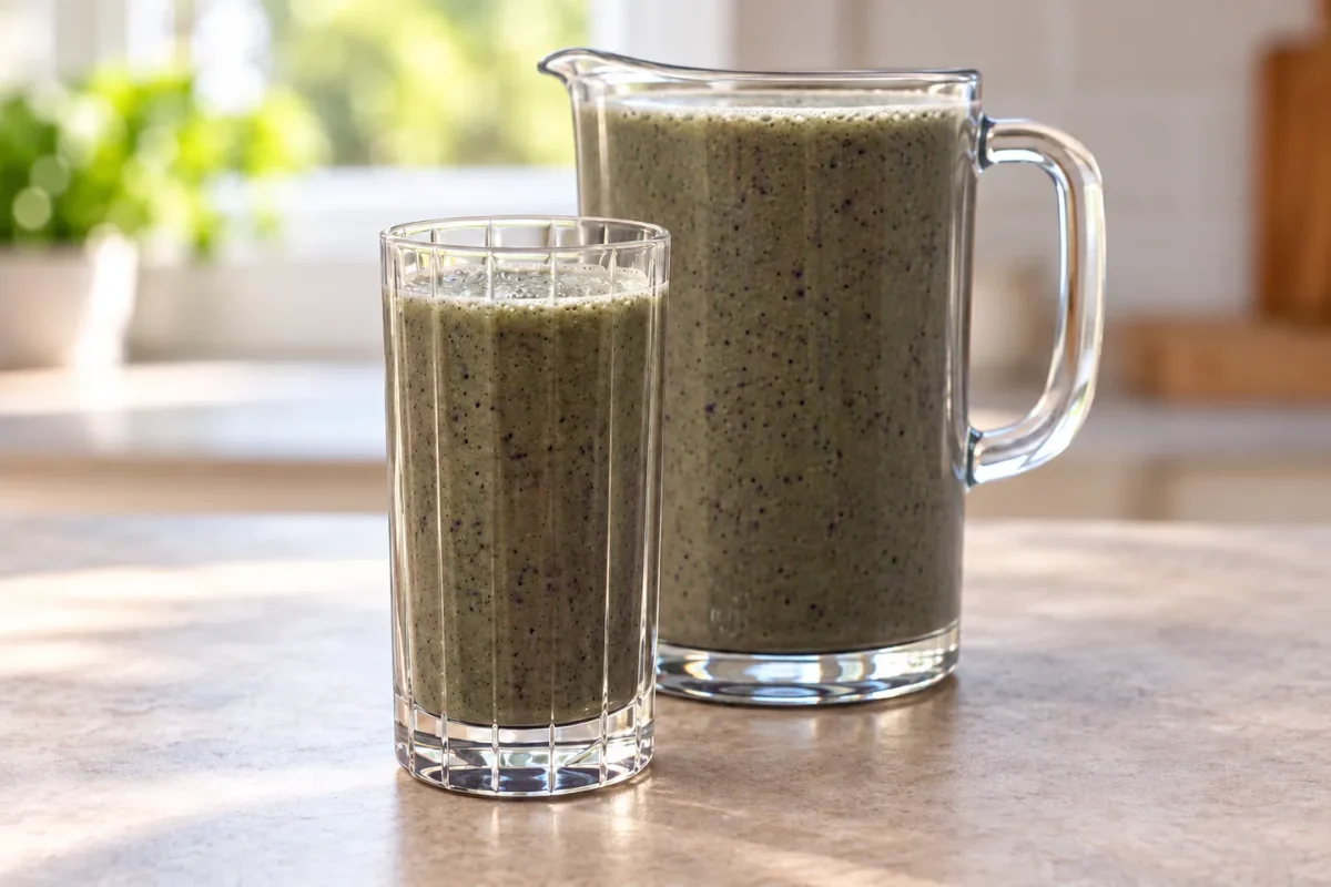 A tall glass and a glass jug of thick green smoothie on a stone kitchen bench, with a pot plant by a sunny window.