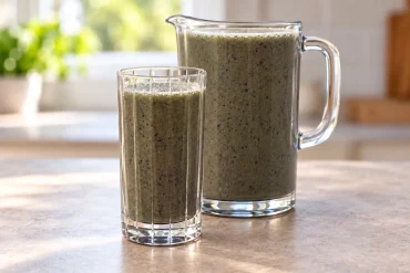 A tall glass and a glass jug of thick green smoothie on a stone kitchen bench, with a pot plant by a sunny window.