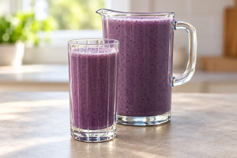 A tall glass and a glass jug of purple blueberry smoothie on a stone kitchen bench in soft morning light.