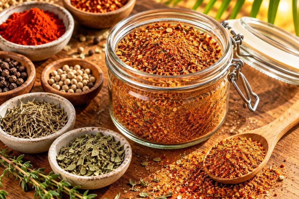 A glass jar of orange-red spice blend on a wooden board, surrounded by small bowls of red powder, black and white peppercorns and dried herbs, with a wooden spoon of the blend and a palm frond behind.