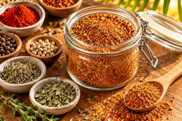 A glass jar of orange-red spice blend on a wooden board, surrounded by small bowls of red powder, black and white peppercorns and dried herbs, with a wooden spoon of the blend and a palm frond behind.