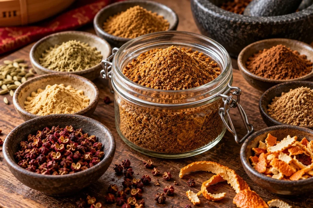 Glass jar of golden-brown spice blend surrounded by bowls of ground spices, whole Sichuan pepper husks and dried orange peel on a wooden bench.