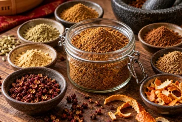 Glass jar of golden-brown spice blend surrounded by bowls of ground spices, whole Sichuan pepper husks and dried orange peel on a wooden bench.