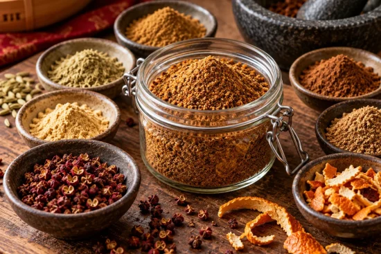 Glass jar of golden-brown spice blend surrounded by bowls of ground spices, whole Sichuan pepper husks and dried orange peel on a wooden bench.