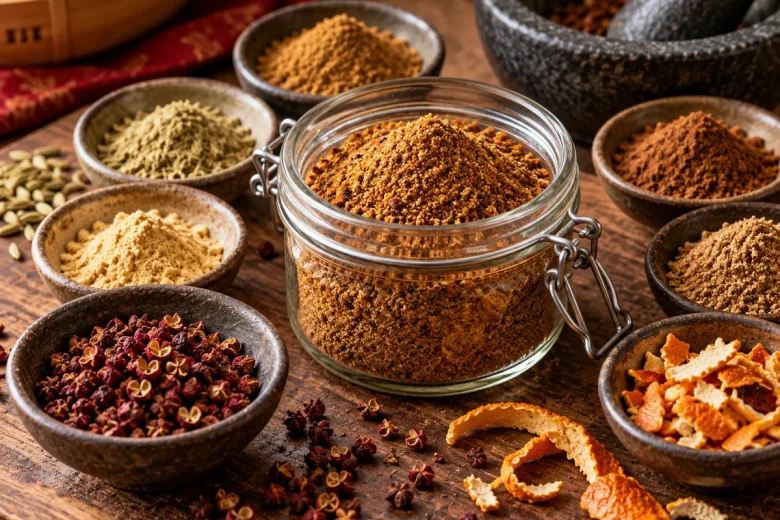 Glass jar of golden-brown spice blend surrounded by bowls of ground spices, whole Sichuan pepper husks and dried orange peel on a wooden bench.