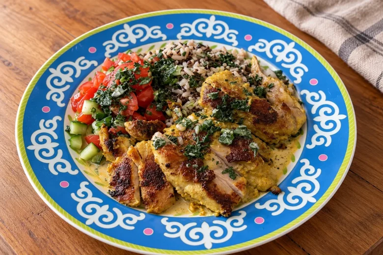 Sliced golden coconut chicken thighs on a blue patterned plate with a grain mix, diced tomato and cucumber salad, and a minty green dressing.