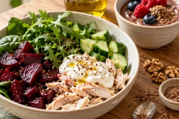 A speckled bowl of roasted beetroot, rocket, baby spinach, cucumber and shredded chicken with a spoonful of yoghurt, beside a bowl of cocoa yoghurt topped with berries and ground linseed, with walnuts and a small spoon on a wooden table.