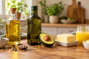 A clear glass bottle of golden oil with a cork stopper and a dark green glass bottle of oil stand on a wooden kitchen bench. Beside them are a halved avocado, a block of butter on a small dish, a jar of golden liquid, a bowl of soft pale yellow spread and a bowl of striped seeds with a wooden scoop. Plants and chopping boards sit in the soft light behind.