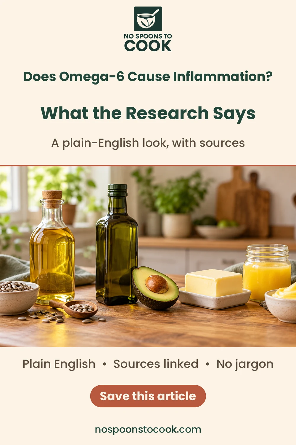 Pin for No Spoons to Cook with the words "Does Omega-6 Cause Inflammation? What the Research Says", "A plain-English look, with sources" and "Plain English • Sources linked • No jargon". Below a photo of two bottles of oil, a halved avocado, butter, a jar of golden liquid and a bowl of seeds on a wooden bench is a button reading "Save this article" and the address nospoonstocook.com.