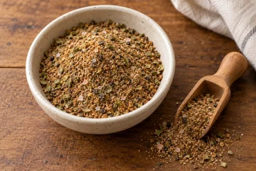 Homemade spice blend in a cream bowl with a wooden scoop on a rustic timber surface.