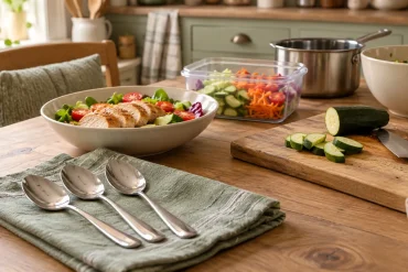 Three metal spoons laid on a green tea towel on a wooden table, with a bowl of chicken salad, a container of chopped vegetables, a saucepan, and cucumber being sliced on a chopping board in a kitchen behind.