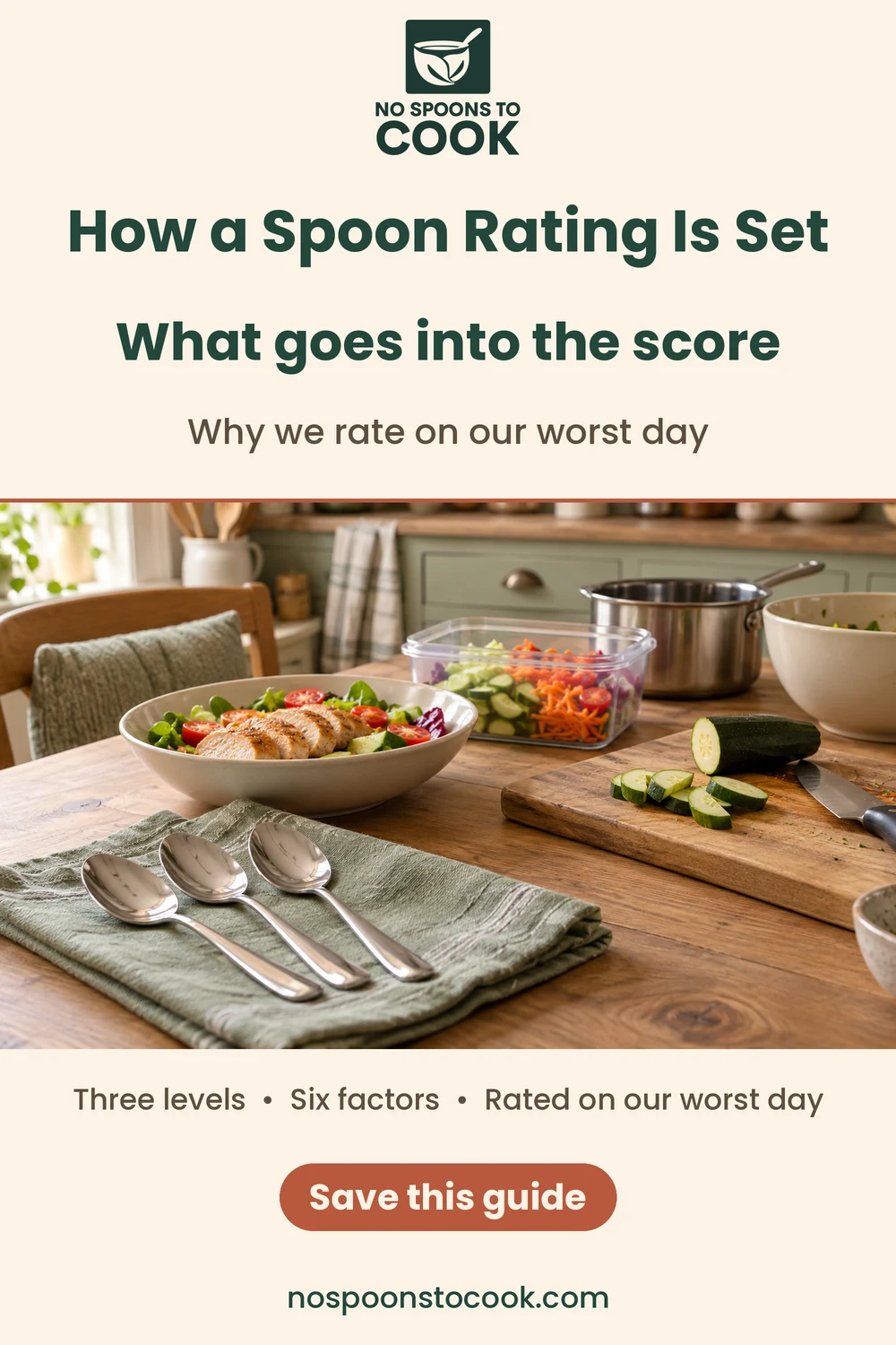 Pin with the No Spoons to Cook logo, titled "How a Spoon Rating Is Set", with the line "What goes into the score" and "Why we rate on our worst day". Below a photo of three spoons on a green tea towel beside a chicken salad bowl and a chopping board of sliced cucumber, the text reads "Three levels, Six factors, Rated on our worst day", with a "Save this guide" button and nospoonstocook.com.