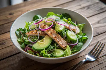 A vibrant salad bowl with chicken, avocado, and cucumber on a wooden table.