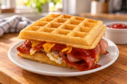 A bacon, egg and cheese sandwich made with two waffle-pattern slices of keto bread, on a white plate on a wooden bench, with a small dish of ketchup beside it.