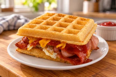 A bacon, egg and cheese sandwich made with two waffle-pattern slices of keto bread, on a white plate on a wooden bench, with a small dish of ketchup beside it.