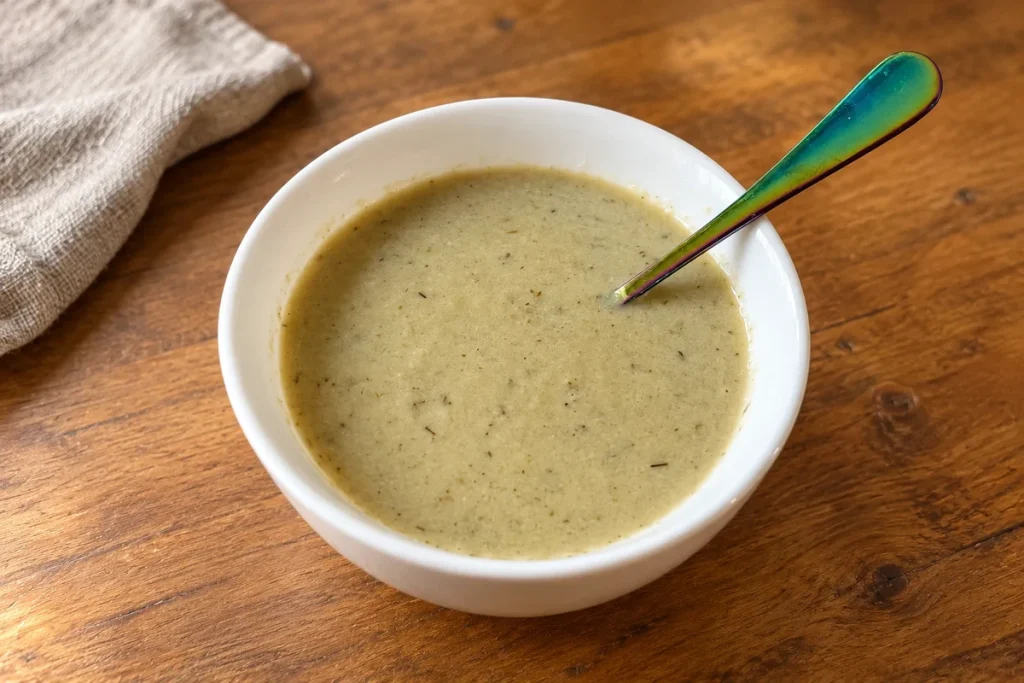 A white bowl of pale green, creamy soup flecked with herbs, with a rainbow-coloured spoon resting in it, on a wooden table beside a linen cloth.