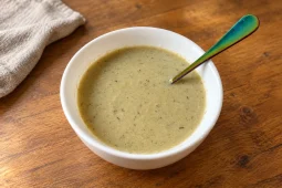 A white bowl of pale green, creamy soup flecked with herbs, with a rainbow-coloured spoon resting in it, on a wooden table beside a linen cloth.