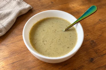 A white bowl of pale green, creamy soup flecked with herbs, with a rainbow-coloured spoon resting in it, on a wooden table beside a linen cloth.