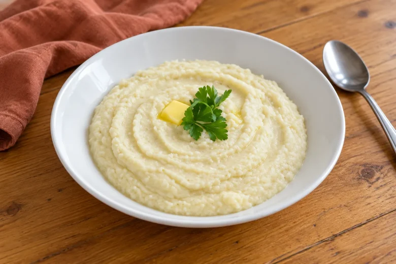 Creamy cauliflower mash topped with butter and parsley in a white bowl on a wooden table.