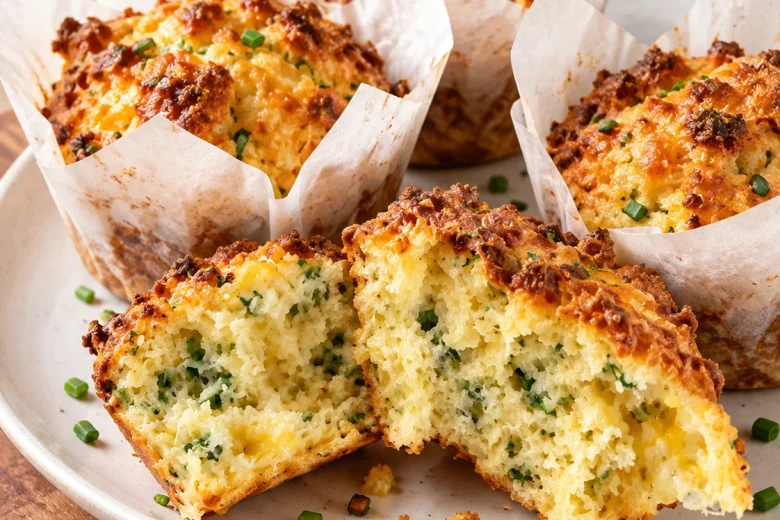 Four golden cheese and chive muffins in baking-paper wrappers on a plate, one broken open to show a light crumb flecked with chives, with a small bowl of grated cheddar behind.