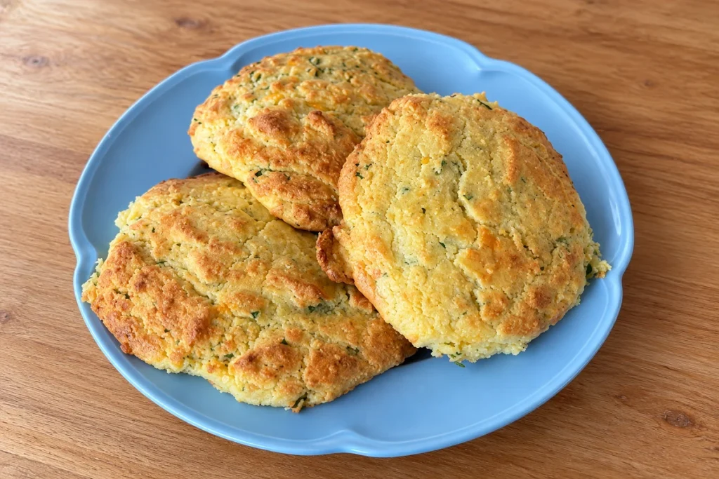 Three golden cheesy keto baps flecked with parsley, stacked on a pale blue plate on a wooden table.