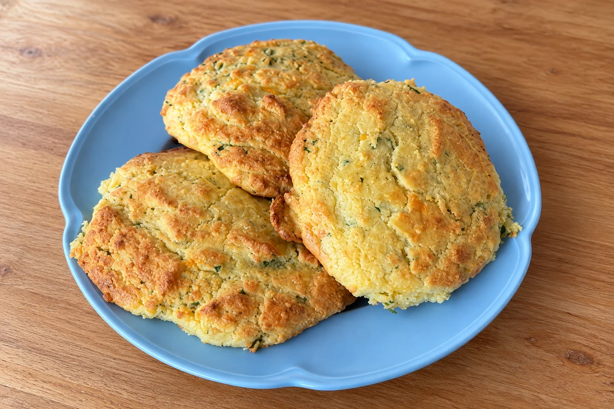 Three golden cheesy keto baps flecked with parsley, stacked on a pale blue plate on a wooden table.