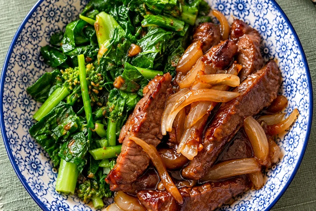 Sliced rump steak with caramelised onion beside stir-fried choy sum and broccolini in a blue-and-white patterned bowl.