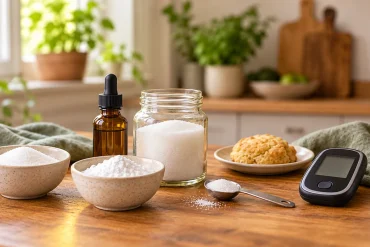 A kitchen still life of sweeteners and a glucose meter: bowls of granulated and powdered sweetener, an amber dropper bottle, a glass jar of sweetener, a measuring spoon, a scone on a plate, and a glucose meter with test strips.