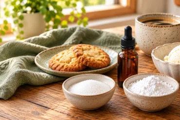 Keto baking staples on a sunlit wooden table: golden cookies on a green plate, an amber dropper bottle of liquid sweetener, bowls of granulated and powdered sweetener, a cup of coffee and a bowl of vanilla ice cream.