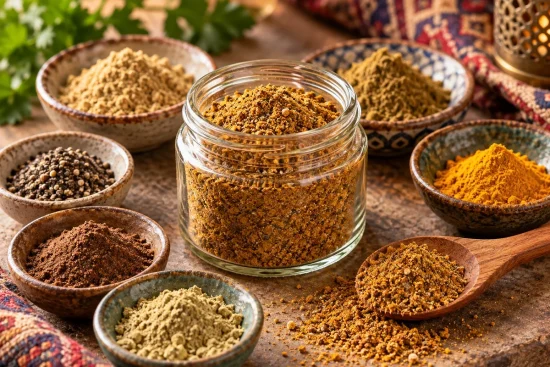 A glass jar of golden-brown ground spice blend on a wooden board, surrounded by small bowls of single spices, with a wooden spoon of the blend and loose spice scattered beside it.